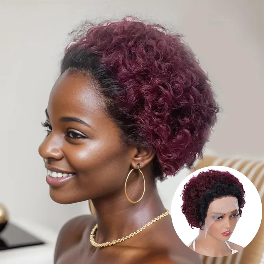 Ombre T1b/99J Short Pixie Cut Curly Human Hair Wigs 13X1 Transparent Hd Lace 1B Red Cheap Lace Wig Daily Use 100% Human Hair 150