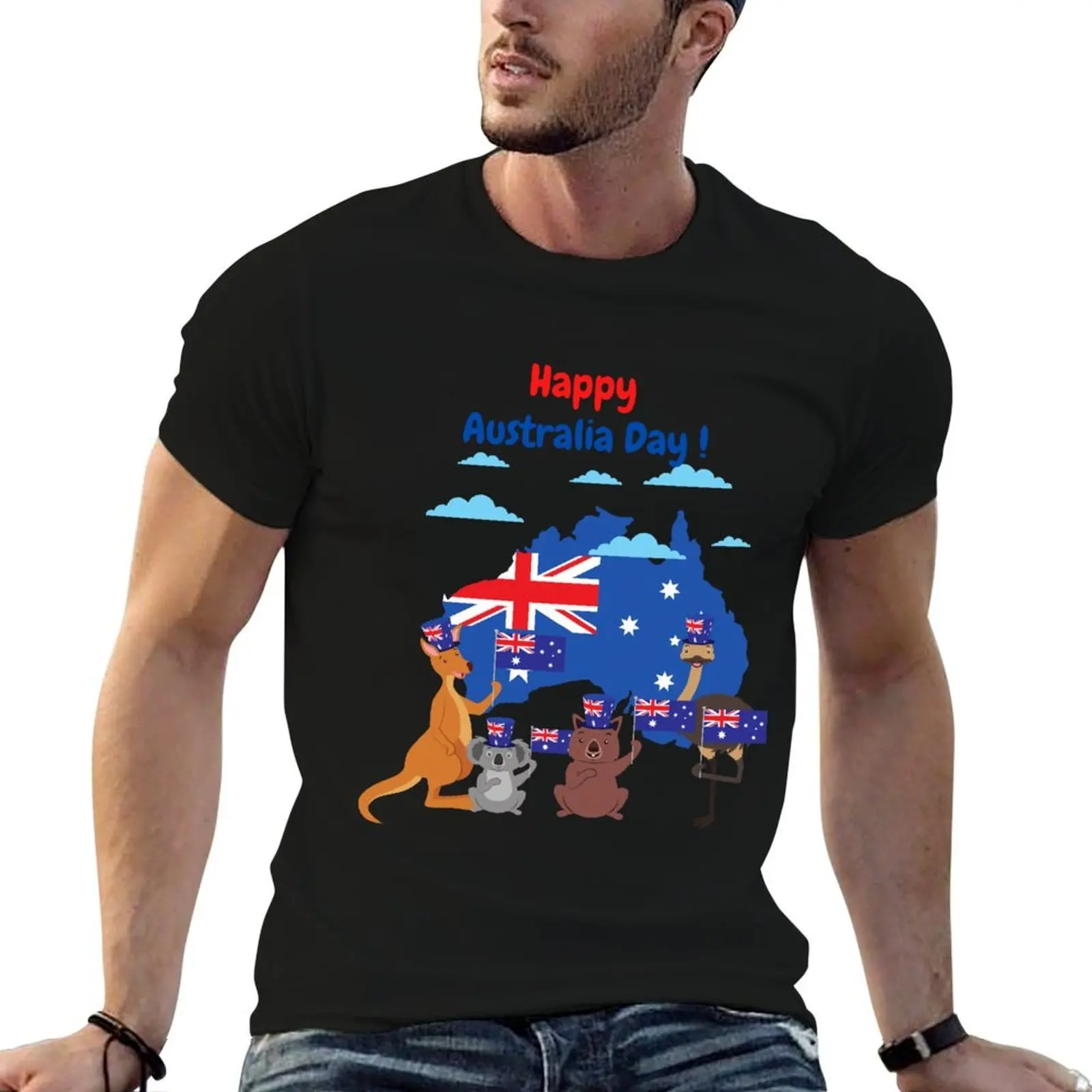 Happy Australia Day! Funny Animals ,red and blue letters T-Shirt mens graphic t shirts man t shirt designer T-Shirt