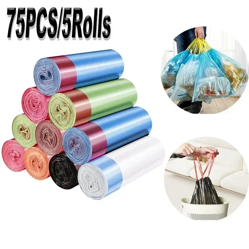 75PCS/5Rolls Drawstring Garbage Bag Disposable Garbage Bag Household Kitchen Bathroom Office Waste Bag Portable Cleaning Tool