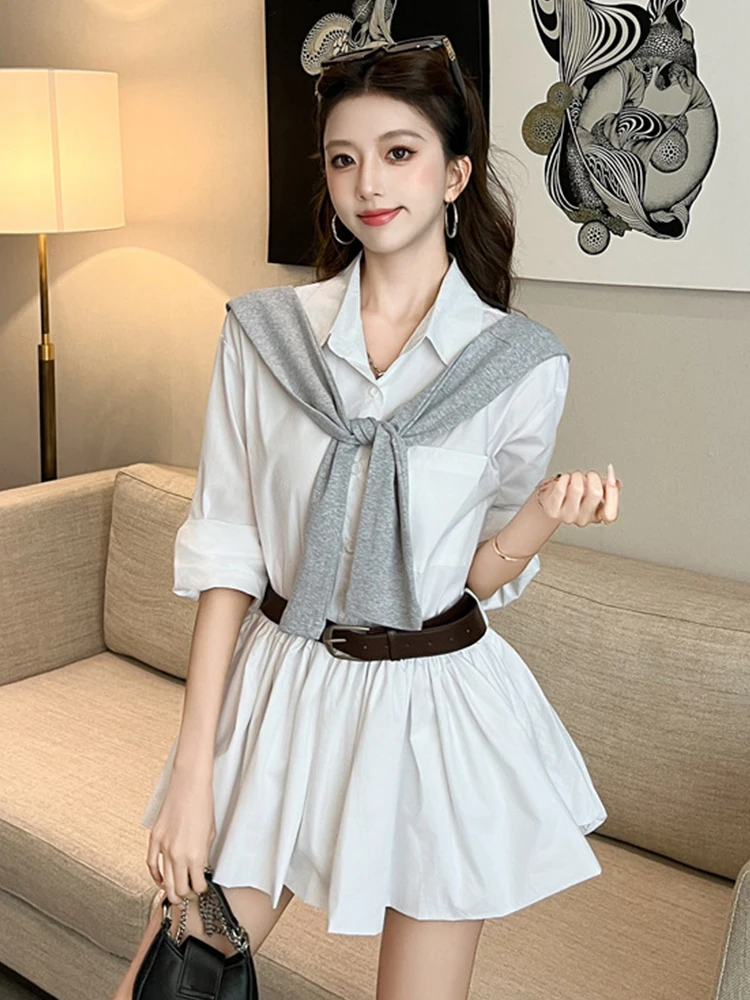Koreaanse Mode Shirt Jurk voor Vrouwen Zoete Cape Riem Swing Korte Geplooide Jurk Vrouwelijke Dagelijkse Casual High Street Vestidos Mujer