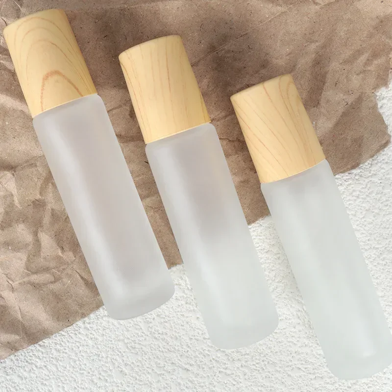 5/10ml Frosted Glass Roller Bottle Wood Grain Plastic Cap for Essential Oils Roll-On Refillable Perfume Bottle Roller Ball Empty