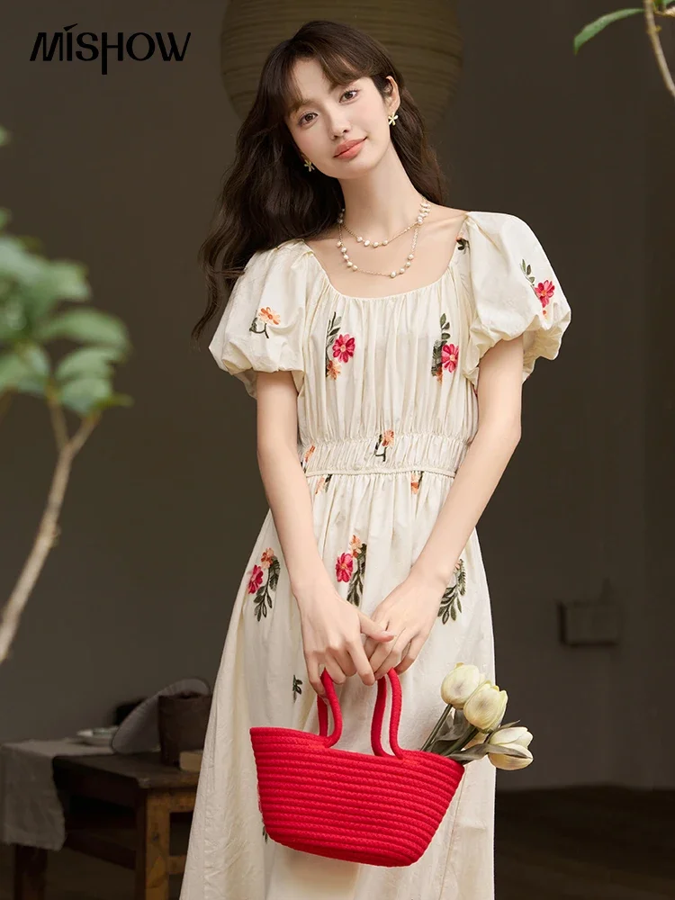 MISHOW Fairycore Printing Flower Dresses for Women 2023 Summer A-line Square Collar Puff Sleeve Elegant Holiday Dress MXC35L1521