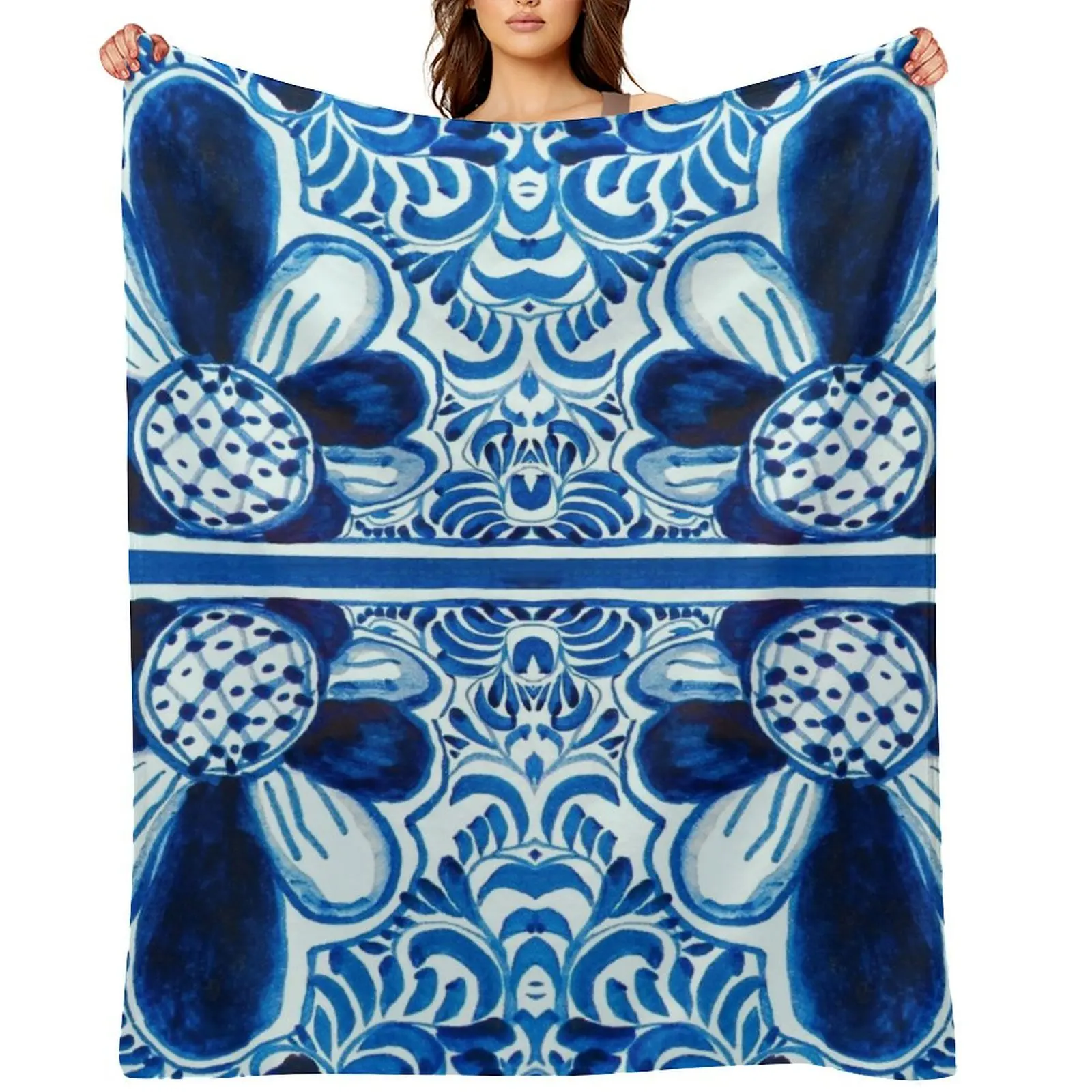 Blue and White Mexican Talavera Style - Vibrant Bright Blue Mexico Tile Painting, Festive, Colorful New Throw Blanket