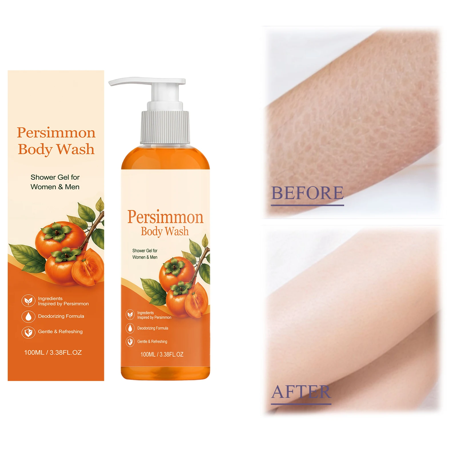 Persimmon Body Wash with Natural Persimmon Purifying Deodorizing Soaps for Old People Smell Moisturizing Mature Skin