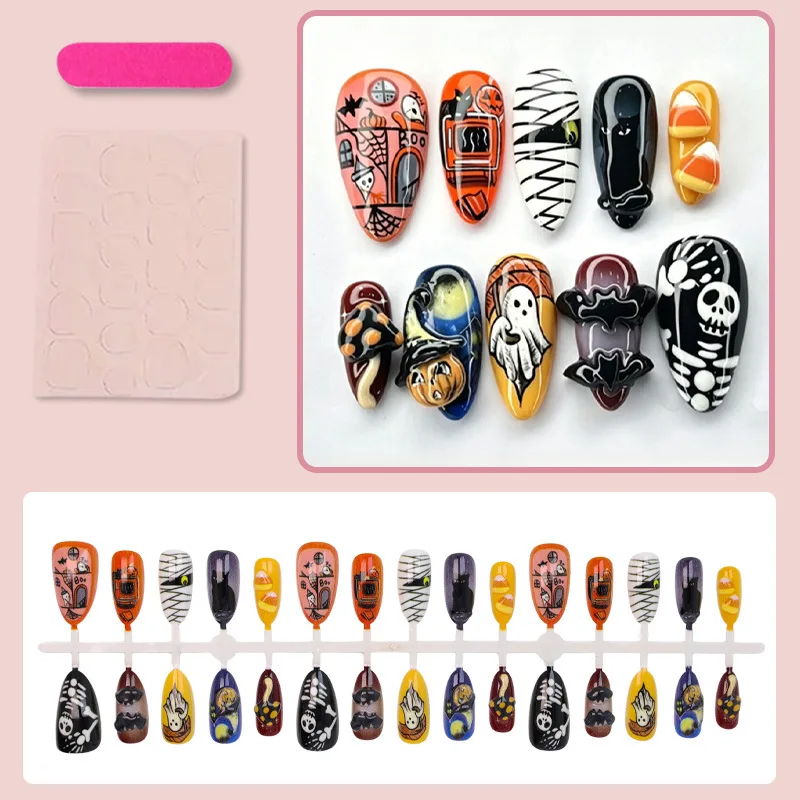 30pcs New Halloween Style False Nails Hand-painted Skull Bat Ghost Pumpkin Decor Press On Nails 3D Relief Almond Party Fake Nail - view 4