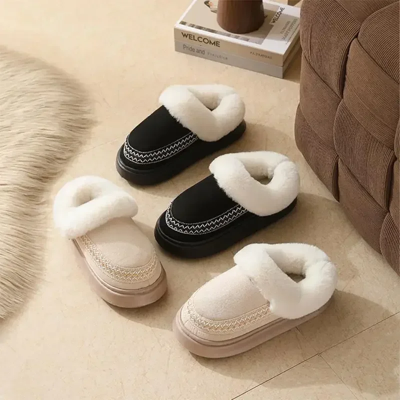 Damen-Hausschuhe aus Kunstwildleder, dick, warm, lang, mit Plüschfell, Winter-Plateau-Schneestiefel für drinnen und draußen, bestickte Herren-Mules-Schuhe – Detail 2