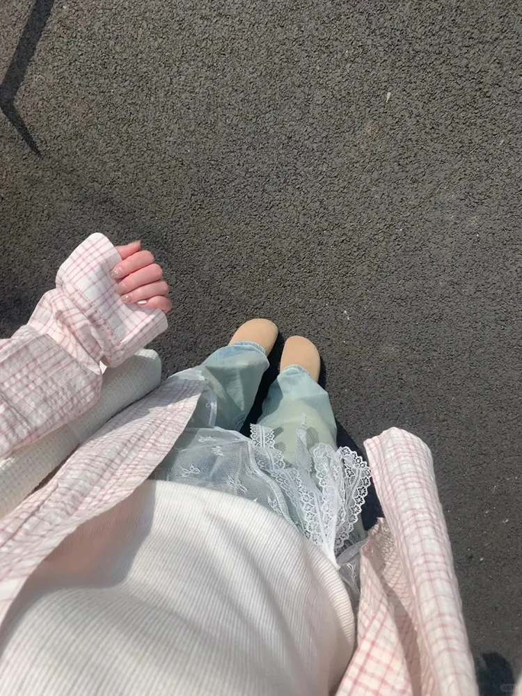 Women's Pink Sweet Checkered Shirt Summer Korean Fashion Design Street Casual Loose Women Striped Sun Protection Open Top