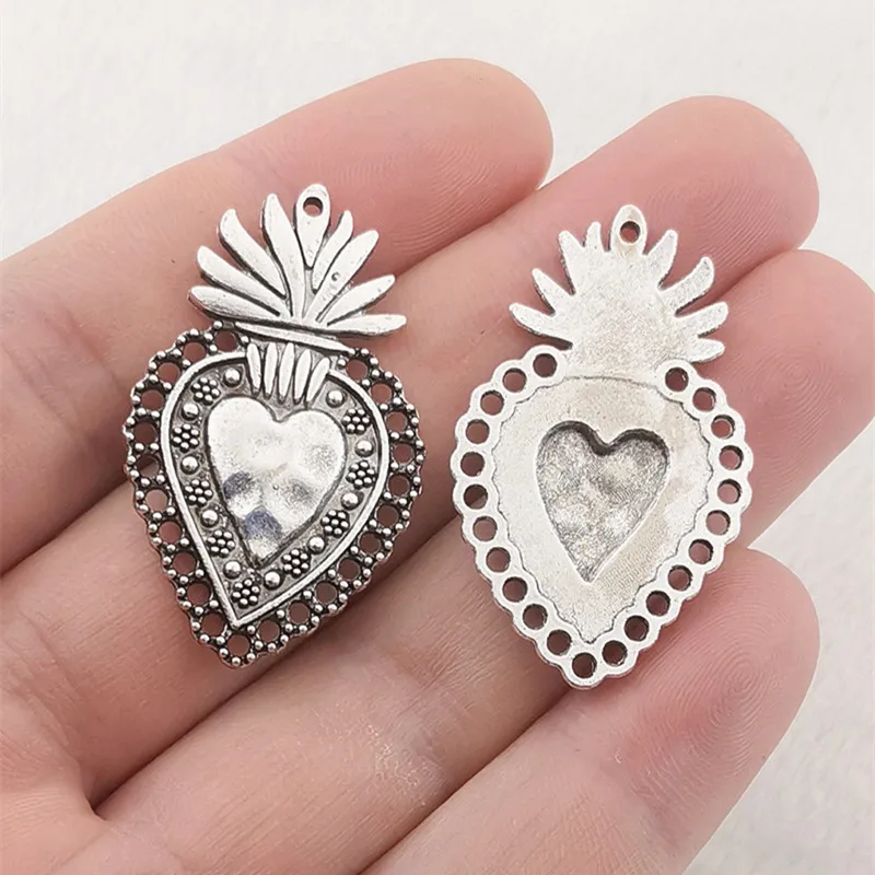 5pcs Silver Color Christian Acred Sacred Heart Charms Mexico Milagro Flame Heart Pendant Fit Jewelry Making DIY Jewelry Findings