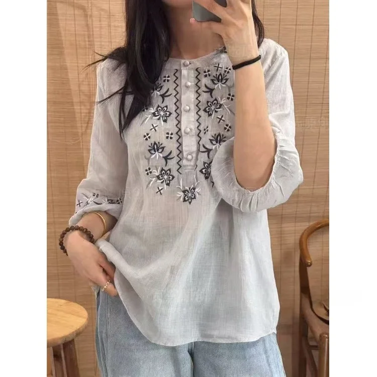 

Элитная женская хлопково-льняная базовая рубашка-поло с винтажным дизайном, рукавом до локтя, весна-лето, новый стиль, для повседневной носки, с круглым вырезом, на пуговицах