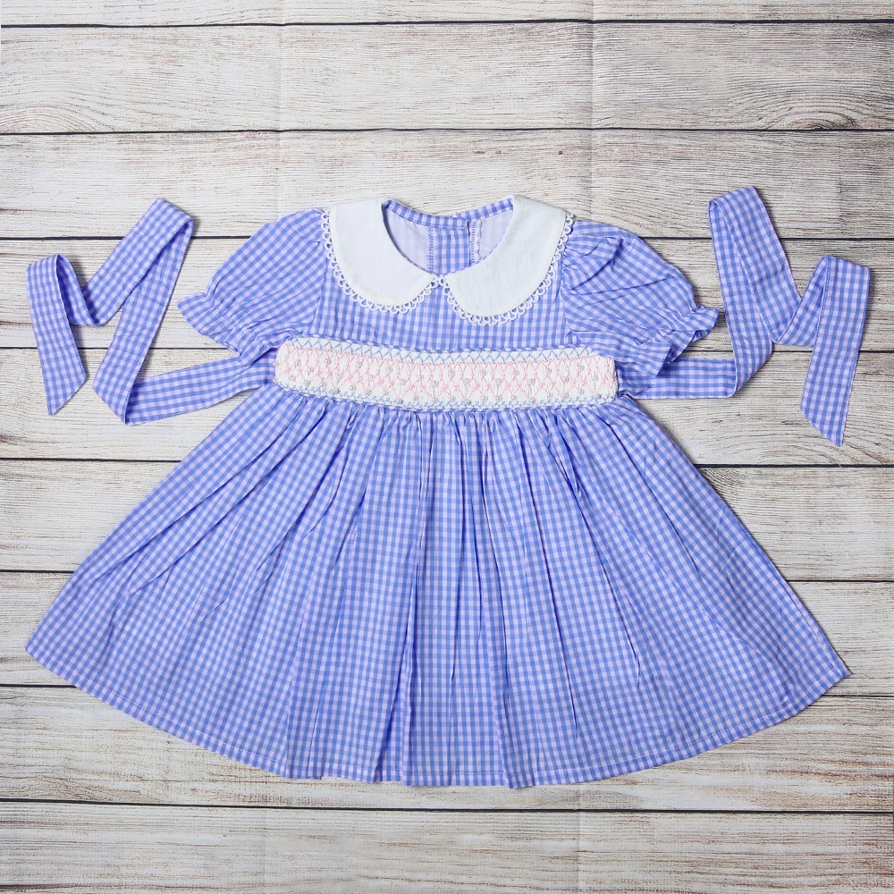 Vestido de manga corta para niña, mono de cuello redondo, adorno de perlas pequeñas, mono de celosía azul, ropa de una pieza, Verano