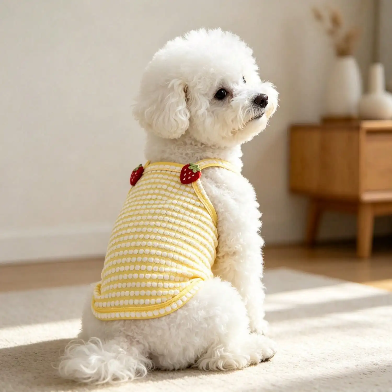 1 Stück gestreiftes Strick-Hundetanktop mit 3D-Frucht-Blumen-Ornament, atmungsaktive Welpenweste für kleine Hunde – Detail 19