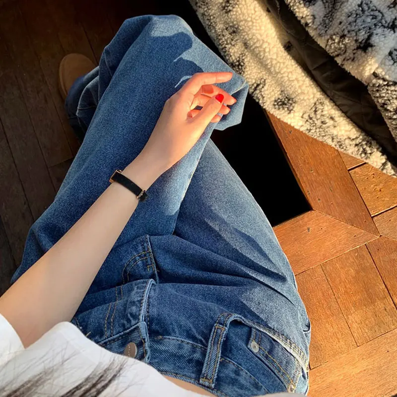 South korea Chic Spring Retro Versatile High Waist Slimming Open Line Design Straight Wide Leg Casual Washed Jeans Women