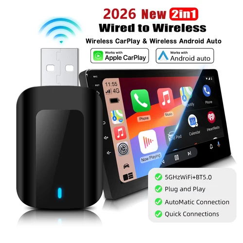 2026 Nuevo adaptador Mini inalámbrico CarPlay Android Auto 2 en 1 con WiFi 5G BT5.0 Plug and Play para diseño compacto de coche con cable de fábrica