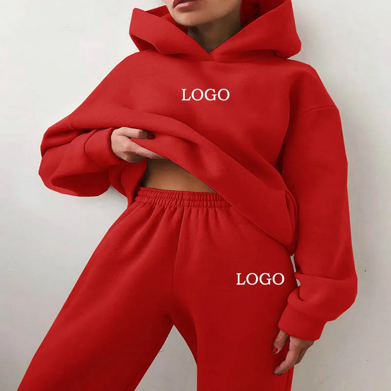 Custom LOGO Spring and Autumn Fashion Casual Hooded Sweatshirt Two-Piece Long Sleeve Fleece Shrunken Feet Women\'s Casual Suit