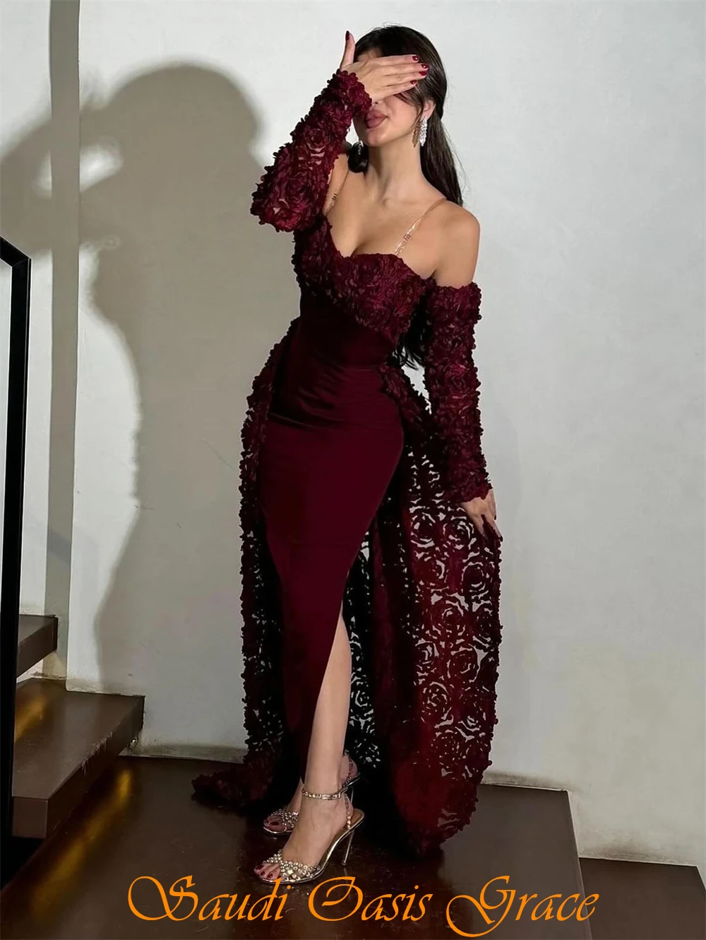 Abito da sera semplice personalizzato in jersey bordeaux Abito da festa sexy a maniche lunghe con scollo a cuore Abiti da ballo con strascico a sirena morbida