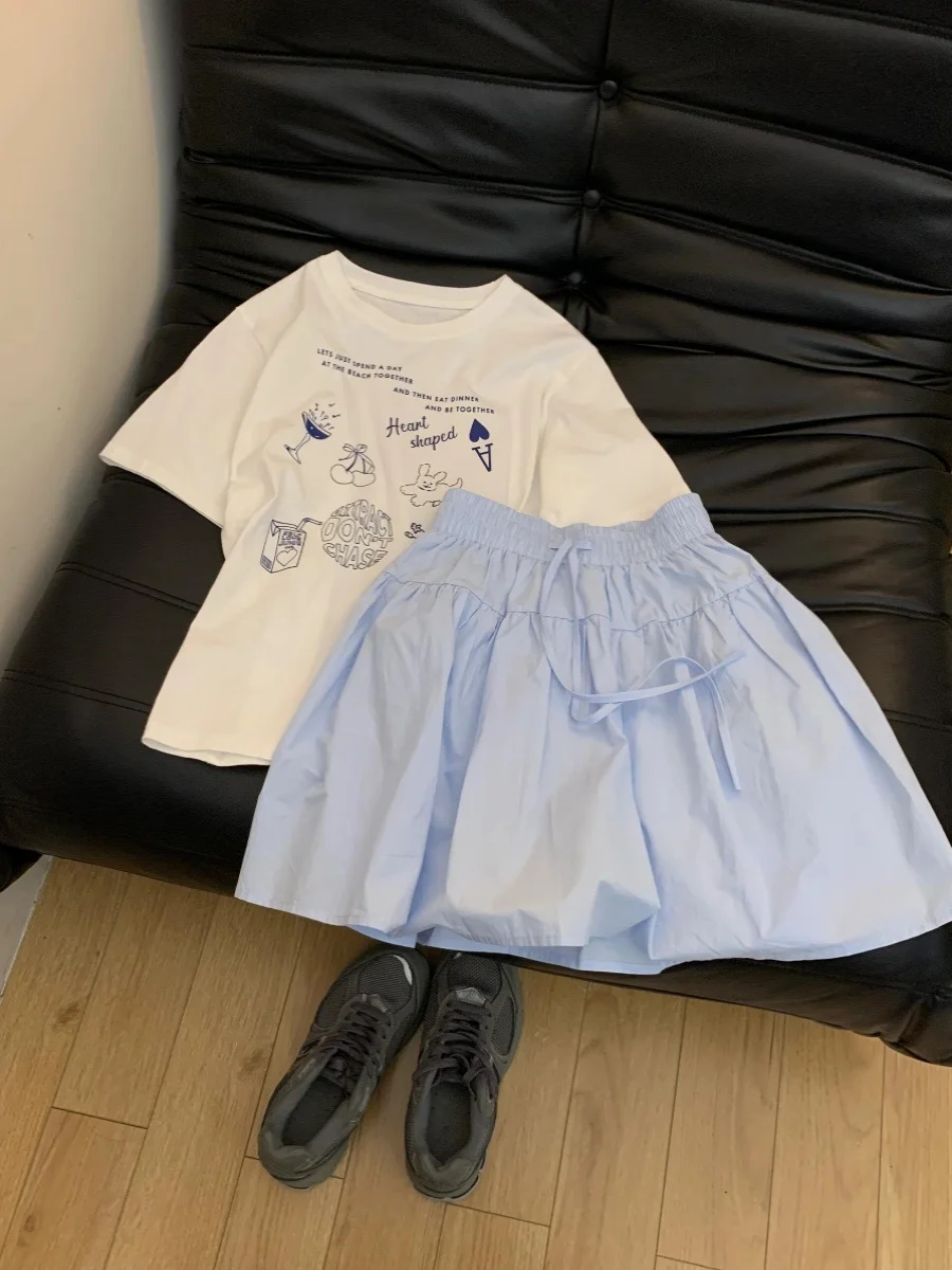 

Summer Women's Fashion Short Cake Skirt Half-length Belted Versatile Slimming Korean Style Baby Blue Dressing Combination