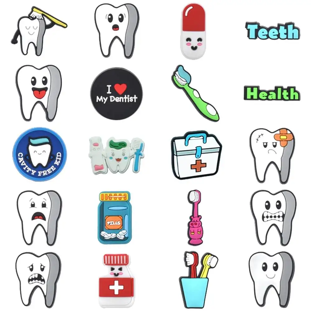 Gorąca sprzedaż 1szt PVC Charms do butów dla Crocs Akcesoria Stomatologia Zęby Lekarz Odznaka Kobiety Chodaki Klamra Dzieci Szpilki Ozdoba Jeans