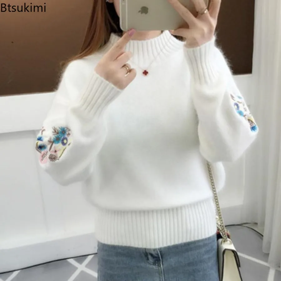 Damski sweter z haftowanymi rękawami na jesień i zimę, dzianinowy pulower z długimi rękawami, odzież damska, vintage, luźny sweter z półgolfem.