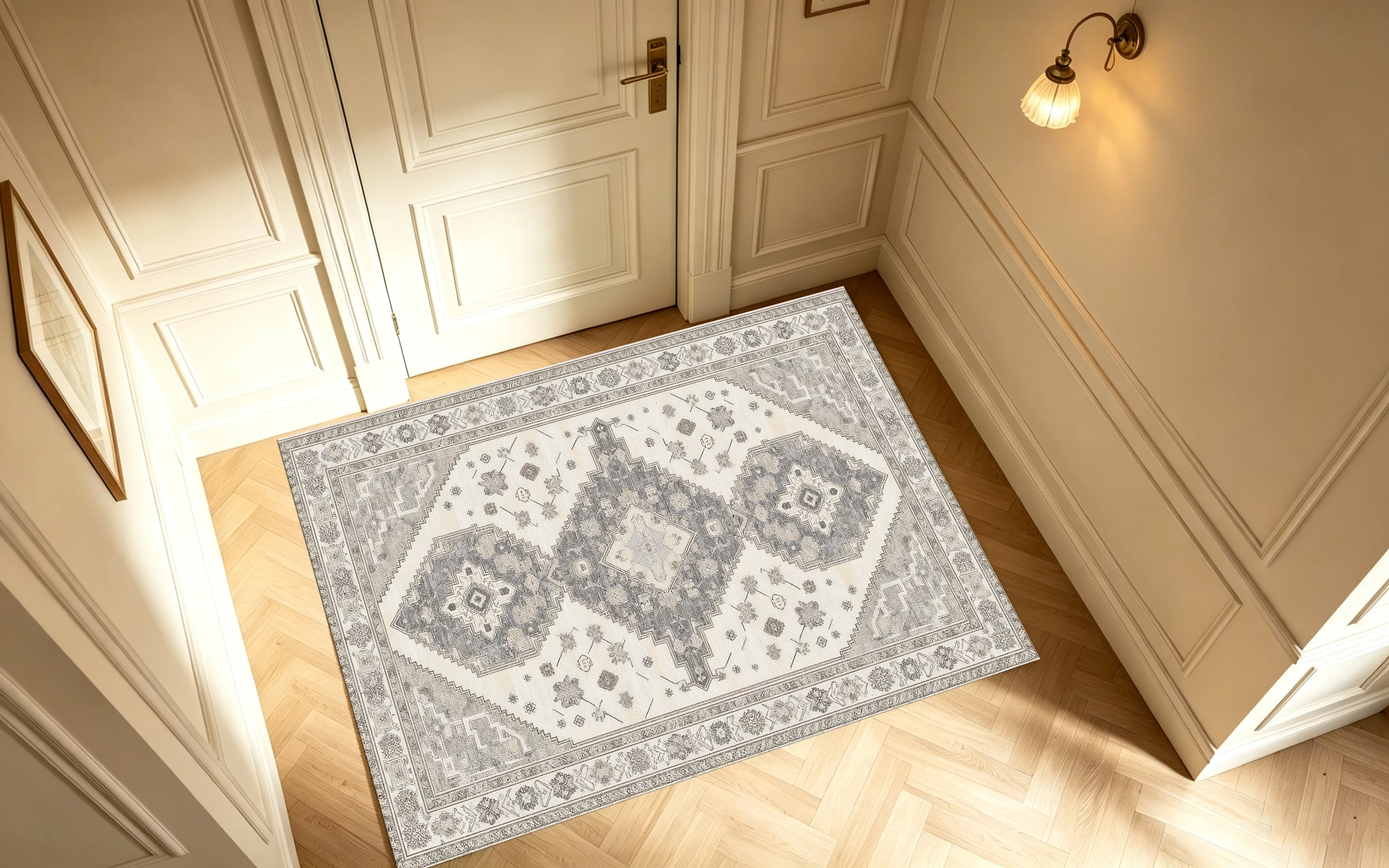 2D Carpet, 2D Large Carpet, Light Beige Gray, Vintage Diamond Pattern.   Soft and Comfortable, Suitable for Living Rooms and Other Places.