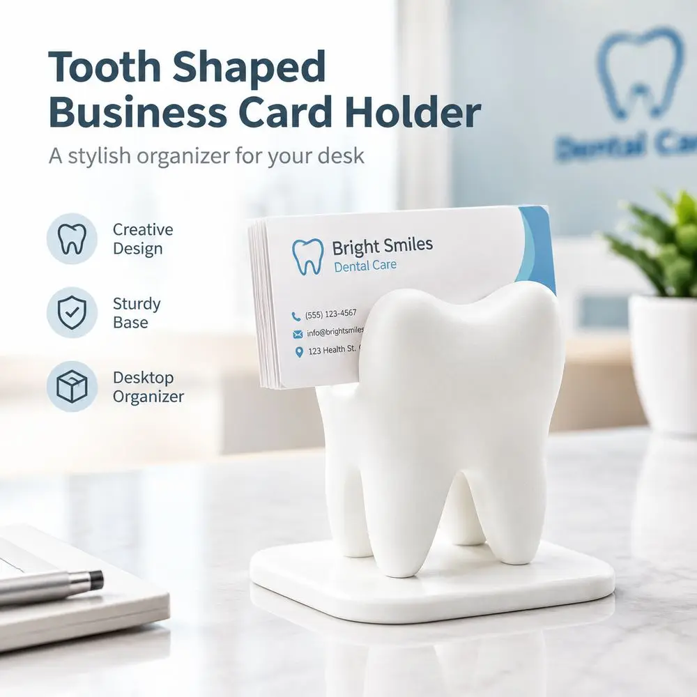 New White Tooth Shaped Card Holder Matte Finish Unique Shape Business Card Display Stand Desk Storage Box Tabletop Decor
