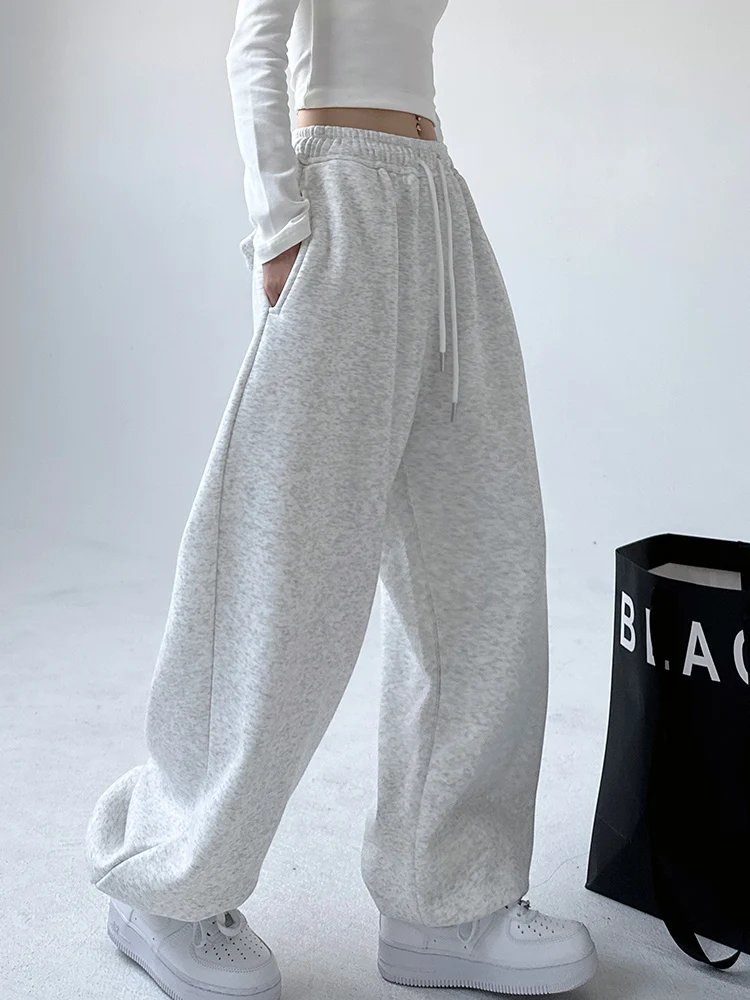 مريحة Dstring فضفاضة المرأة Sweatpants عالية الخصر Fce اصطف السراويل واسعة الساق الخريف الشتاء بناطيل كاجوال