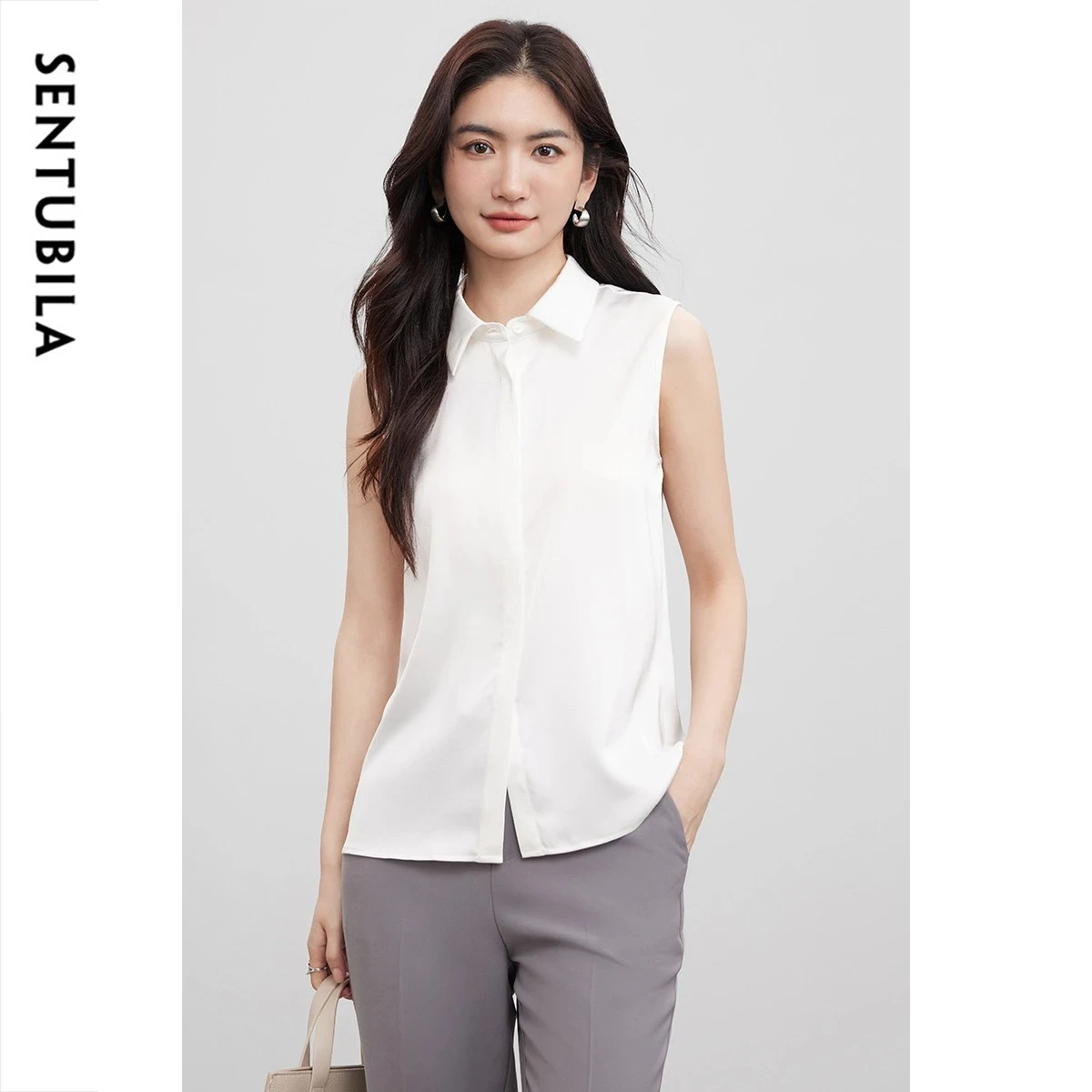 

SENTUBILA Women Fashion Satin Sleeveless Blouse 2026 Summer New Minimalist Office White Lapel Collar Straight Shirt 152CC0050
