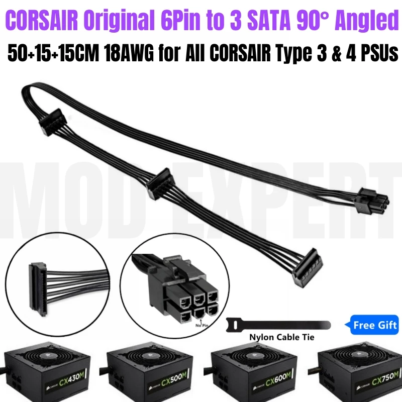 Original Corsair 3 SATA Angled SSD Hard Disk Drive Riser Card Power Cable for CX430M CX500M CX600M CX750M CX850M Modular Power