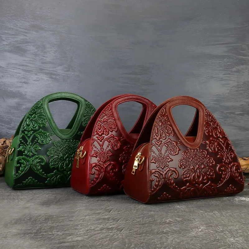 Johnature Retro Ethnic Style Women's Handbag 2026 New Genuine Leather Embossed Versatile Shoulder Crossbody Bag