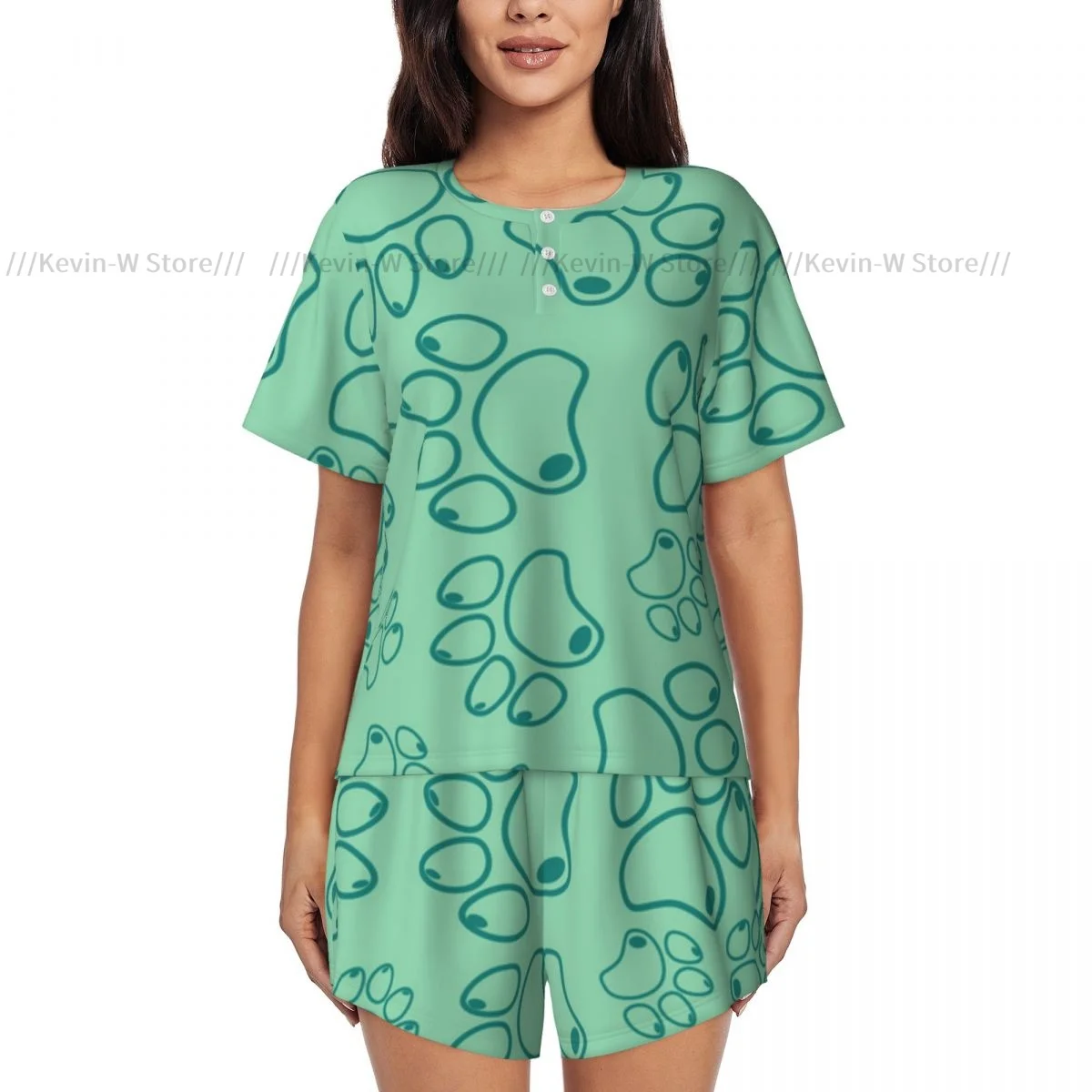 Women Pajamas Homewear Set Dog Paw Pattern Short-Sleeved Two-Piece Set Girl Nightwear Loungewear Sleepwear