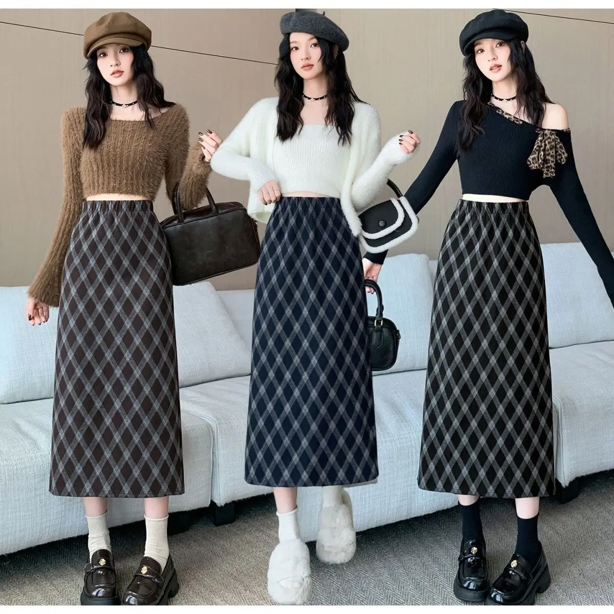 

Высококачественная шерстяная юбка в клетку для женщин, осень-зима 2026, новая модель, с высокой талией, повседневная, приталенная, А-силуэт, длинная, до бедер, для дам