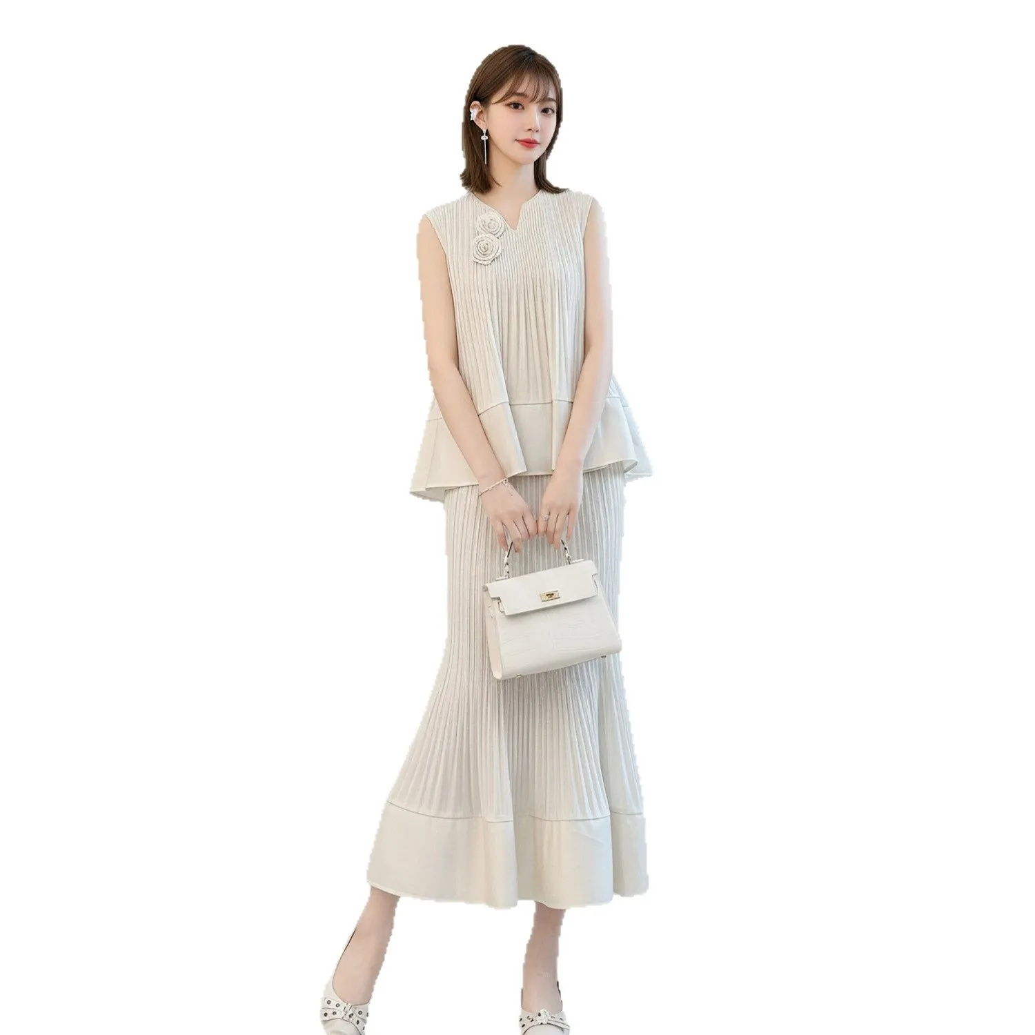 Miyake Pleated Women's Casual Suit 2026 New Summer Solid Color Elegant V-neck Sleeveless Top + Fishtail Skirt Two-piece Set