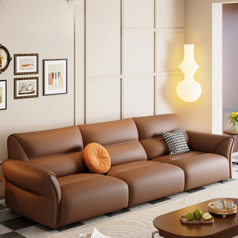 

Minimalist leather sofa, living room, small unit, straight row, three seater, light luxury, minimalist top layer cowhide