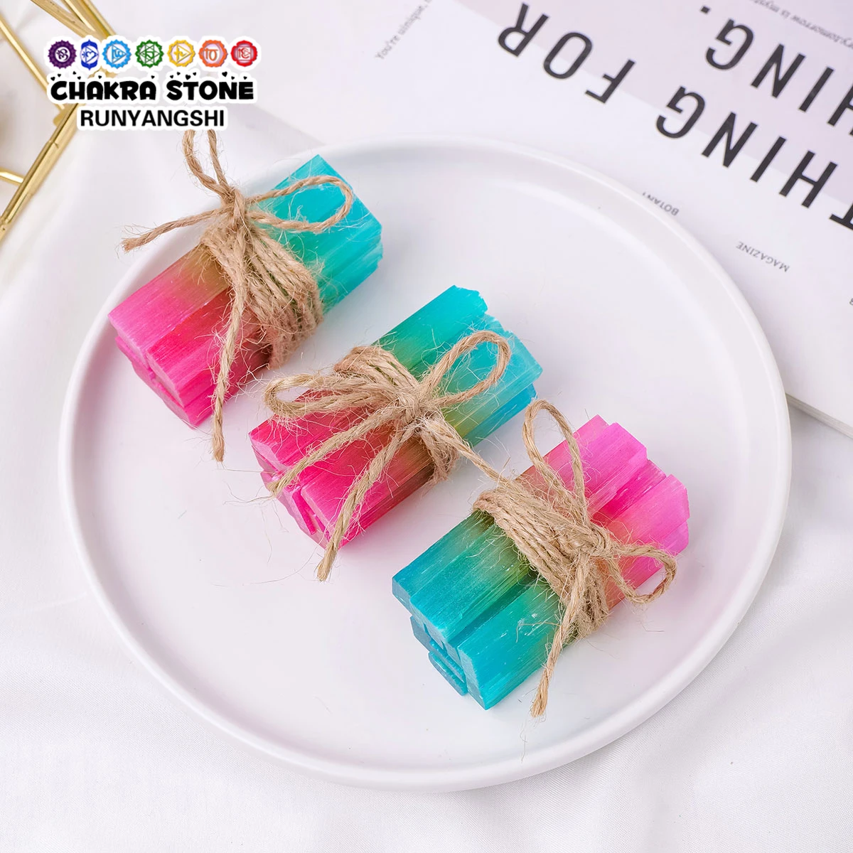 Natuurlijk Kristal Plating Kleur Seleniet Stok Jute Touw Ruw Mineraal Helende Reiki Geschenk Chakra Gips Ambachten Energie Punt Toverstokken