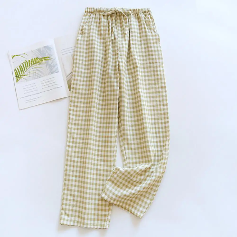 Loose Fit Trousers Plaid Print Drawstring Wide Leg Pants for Women Lounge Trousers with Pockets High Waist Elastic Waistband