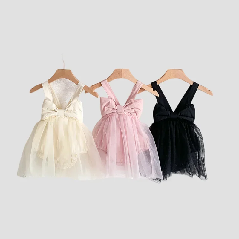 

Summer Toddler Girls Romper Dress Big Bow Halter Neck Mesh Princess Outfit A - Grade Cotton Baby Birthday Wear