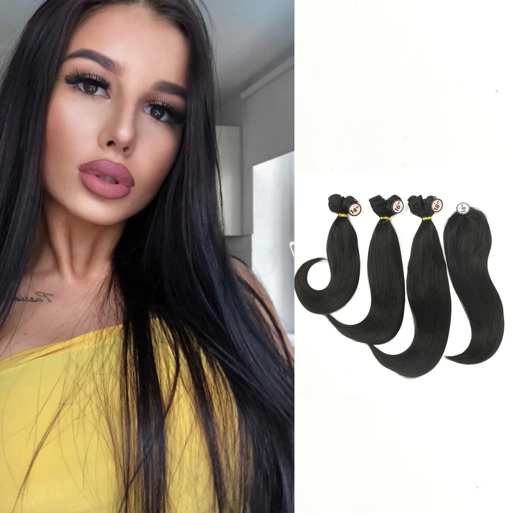 Synthetic Straight Hair Tail Curl Black 16 18 20‘’ 6 Bundles With Closure High Temperature Fiber Weave Hair Extensions For Women