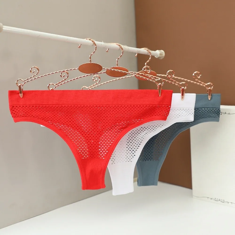 Comfortable Low Waist Mesh Thongs Traceless Underpants Sheer Briefs Breathable Solid Color T-back Panties Intimate Apparel