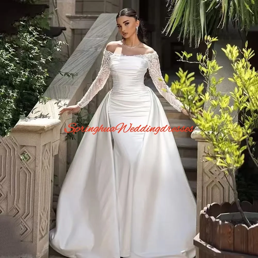 فساتين زفاف مخصصة مع ذيل قابل للانفصال العربية دبي حورية البحر فساتين الزفاف بأكمام طويلة دانتيل رداء دي ماري