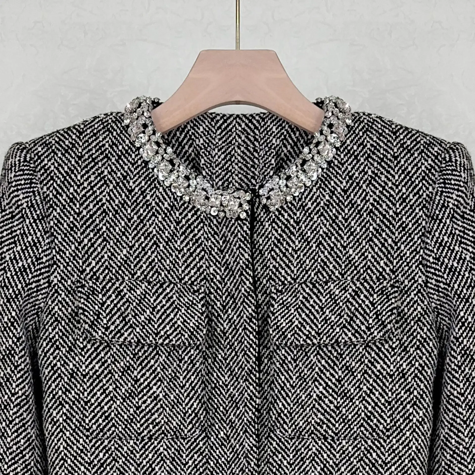 Quality Autumn Winter Beading Diamonds Chain Grey Tweed Two Piece Set Women Jackets Short Skirts Suits 2pcs Outfits