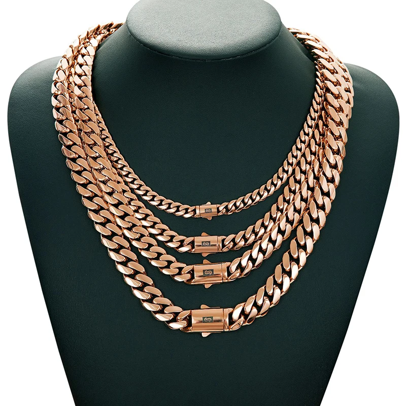 6-14mm PVD Plated Rose Gold Color Stainless Steel Cuban Miami Link Chains Necklaces for Men Hip Hop Rapper Jewelry