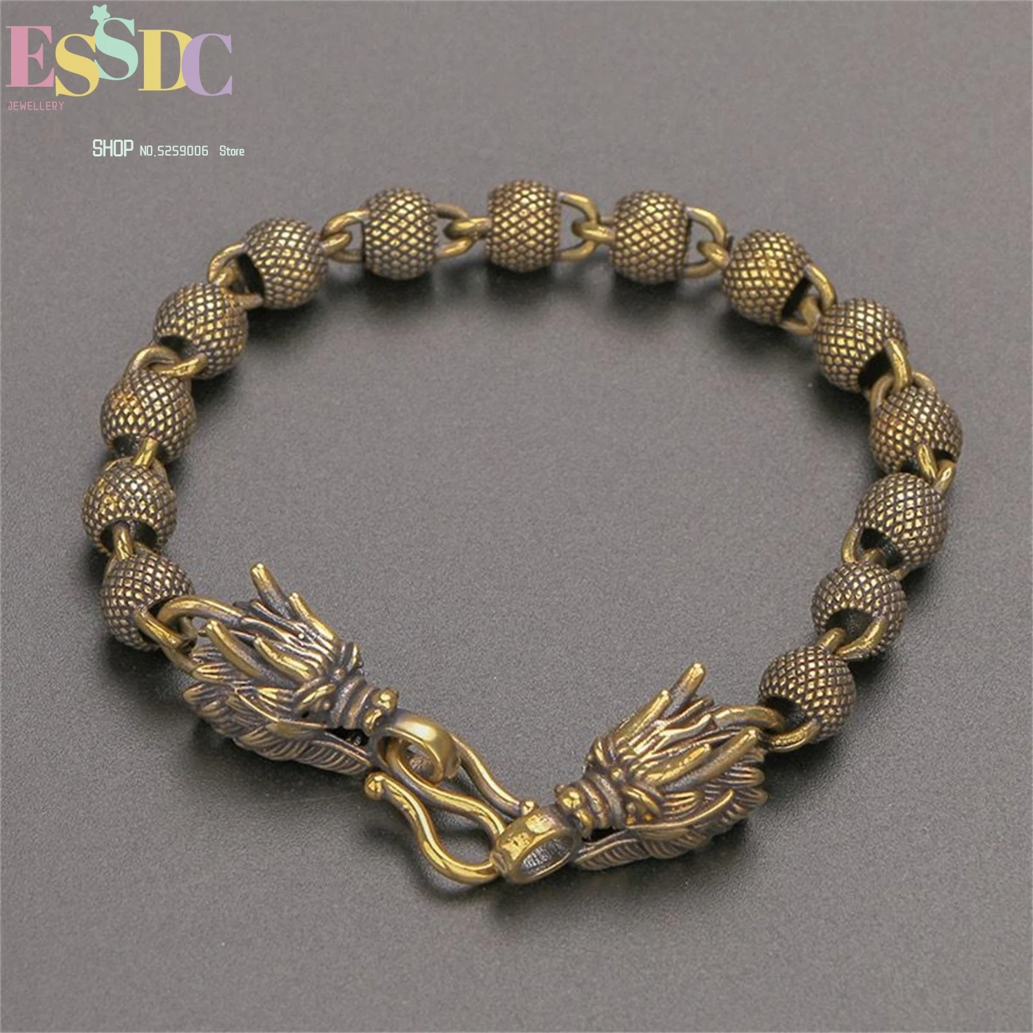 

Латунный браслет с головой дракона, винтажные матовые бусины ручной работы, регулируемая веревка, ювелирные изделия унисекс в стиле бохо для мужчин и женщин, античный стиль