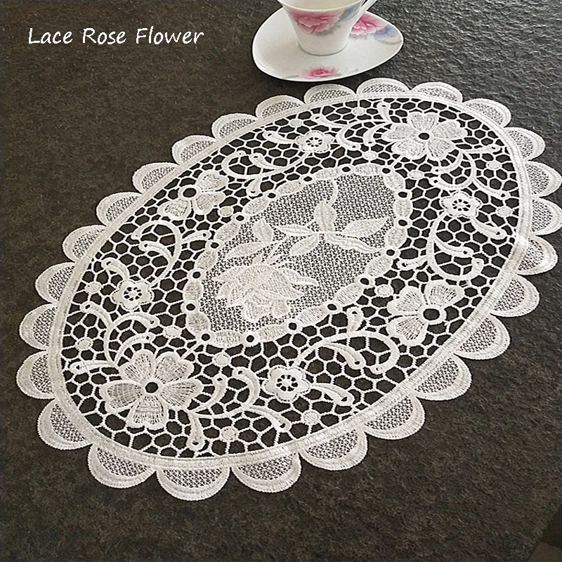 Neue ovale Spitze Stickerei Tisch Tischset Stoff Tischset Hochzeit Weihnachten Rose Blume Küchentisch Dekoration und Accessoires