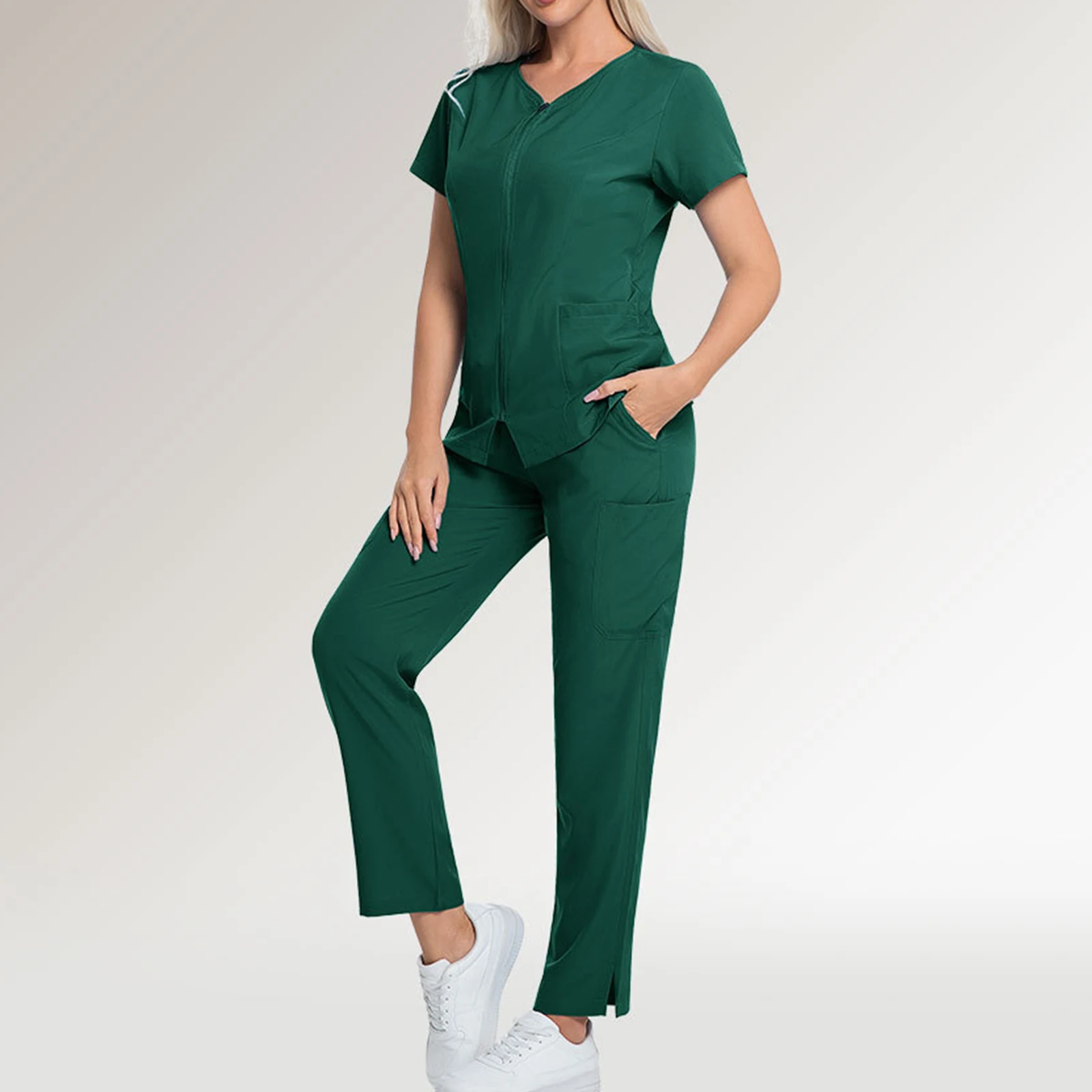 Conjunto de enfermeira feminina, cor sólida, manga curta, calças compridas, uniforme médico com vários bolsos, roupa de trabalho para cuidados de saúde