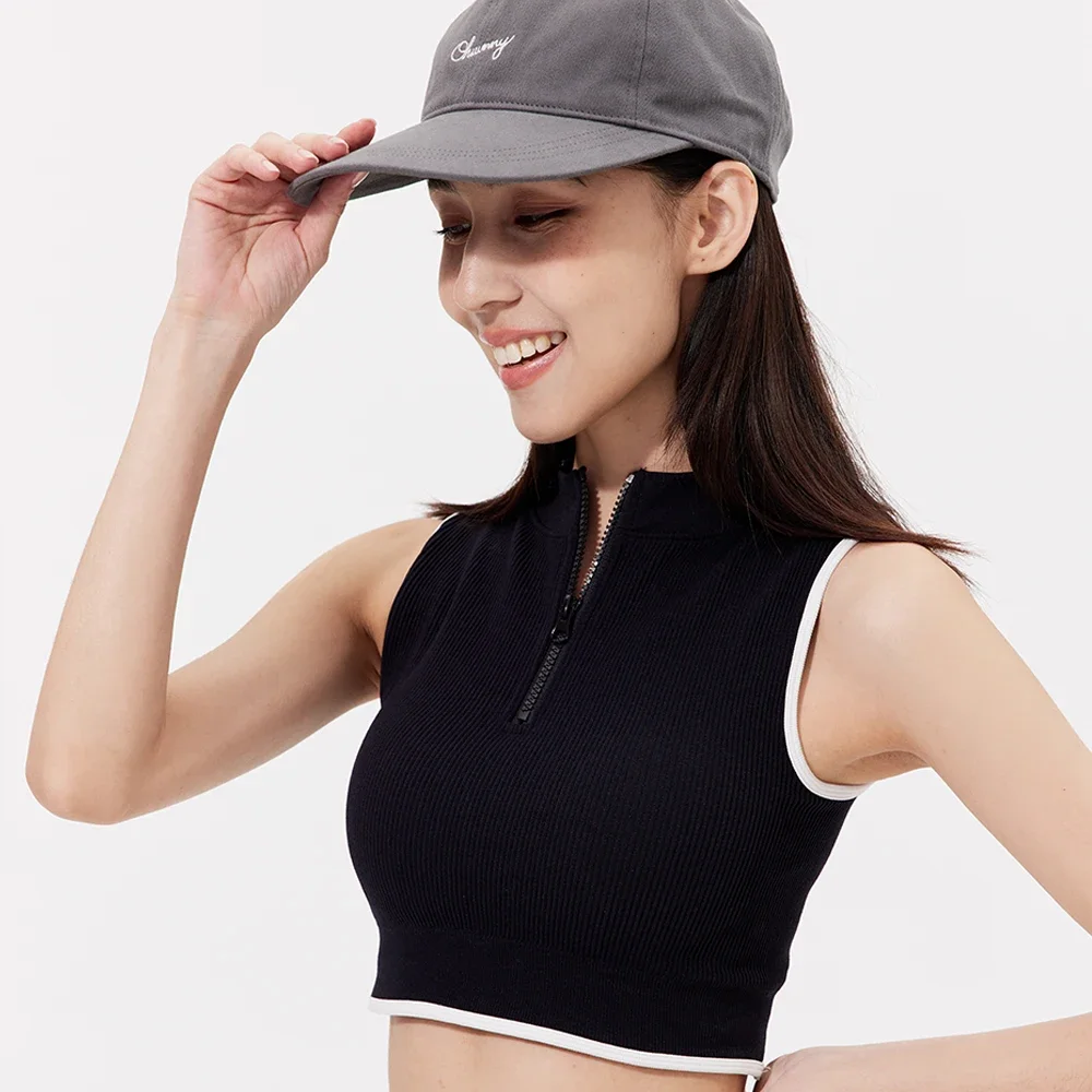 OhSunny Summer Crop Tops Women Sunscreen Fashion Slim Half Zipper Sports Fitness Tanks Sleeveless Knitted Short Yoga Vest