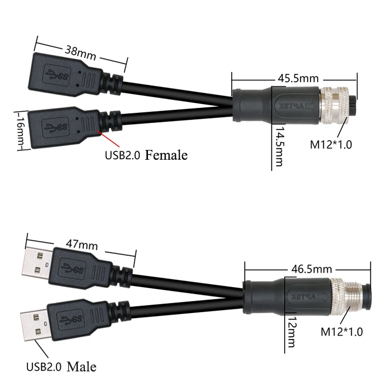 M12 A-type 8Pin to Dual USB2.0 Connector Cable 8pin X-code Male to USB Male/Female Shielded Wire IO Industrial Camera Plug Line