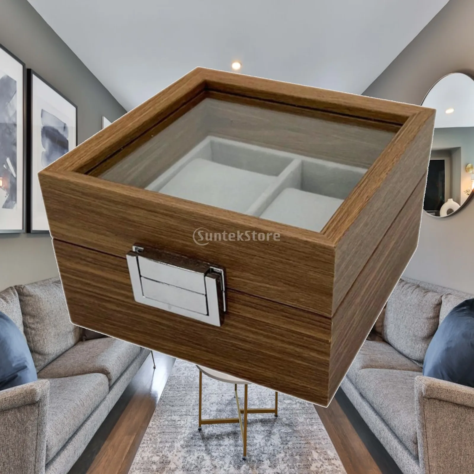 Wooden Watch Storage Box with Clear Lid for Men Women Lockable Jewelry Display Case Organizer Holder for Dresser Table