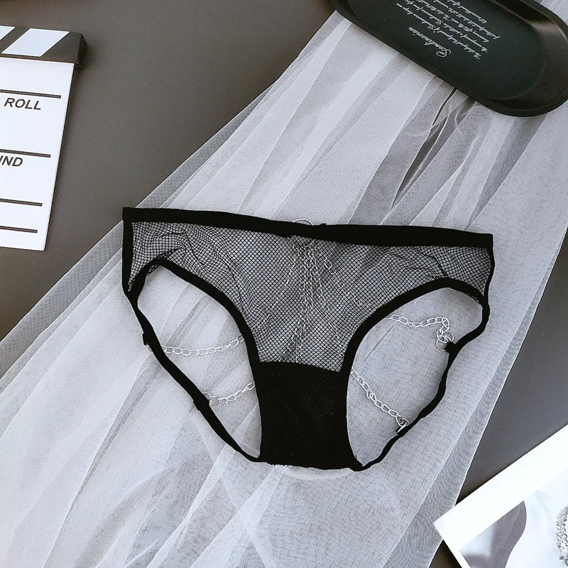 مثير مفتوح المنشعب سراويل صغيرة النساء شبكة منظور الملابس الداخلية السيدات الدانتيل سلسلة معدنية سيور Crotchless ملخصات الملابس الداخلية المثيرة