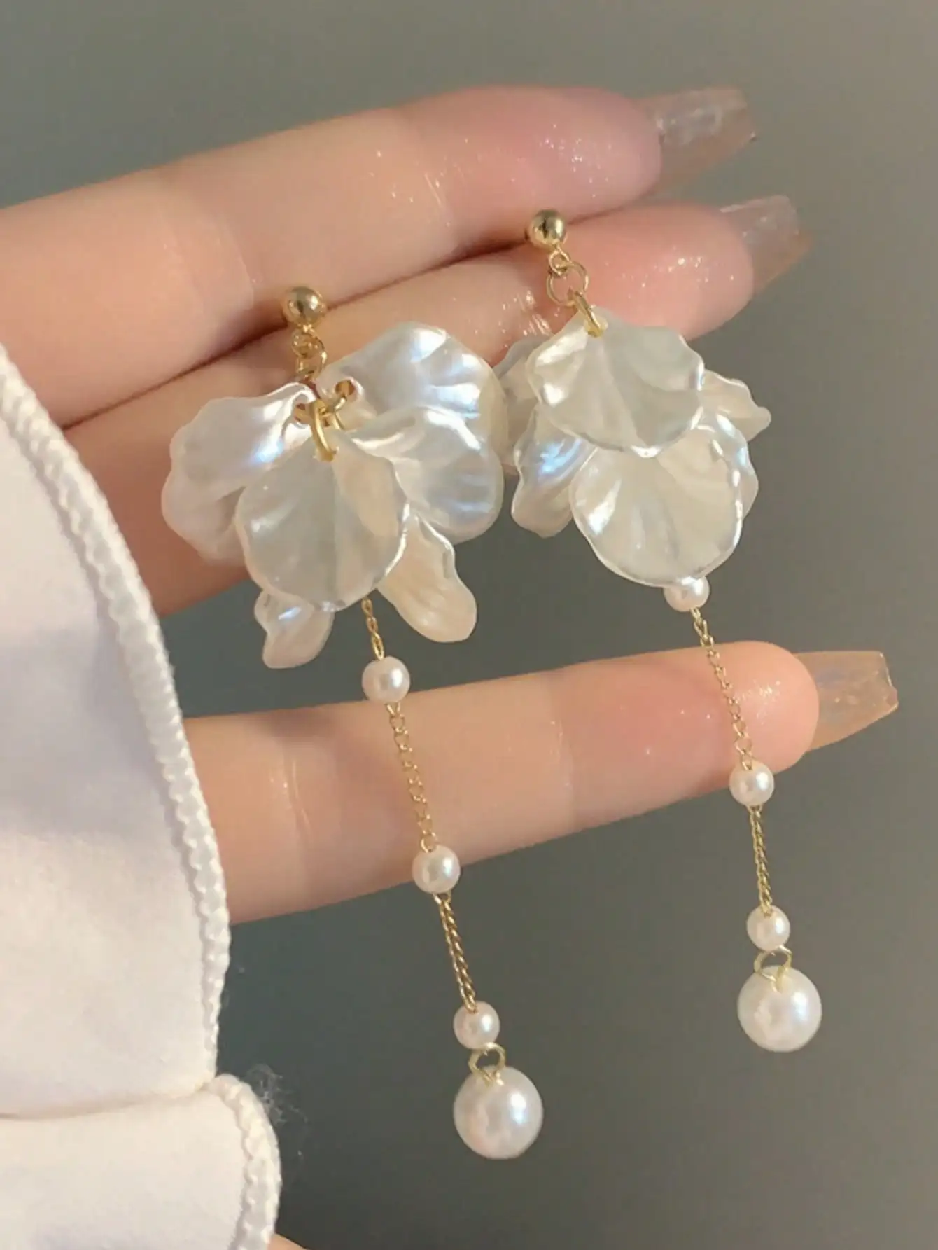 

1 Pair Korean Ethereal Floral Petal Pearl Tassel Earrings, Elegant Girlish Sweet Earrings Accessories