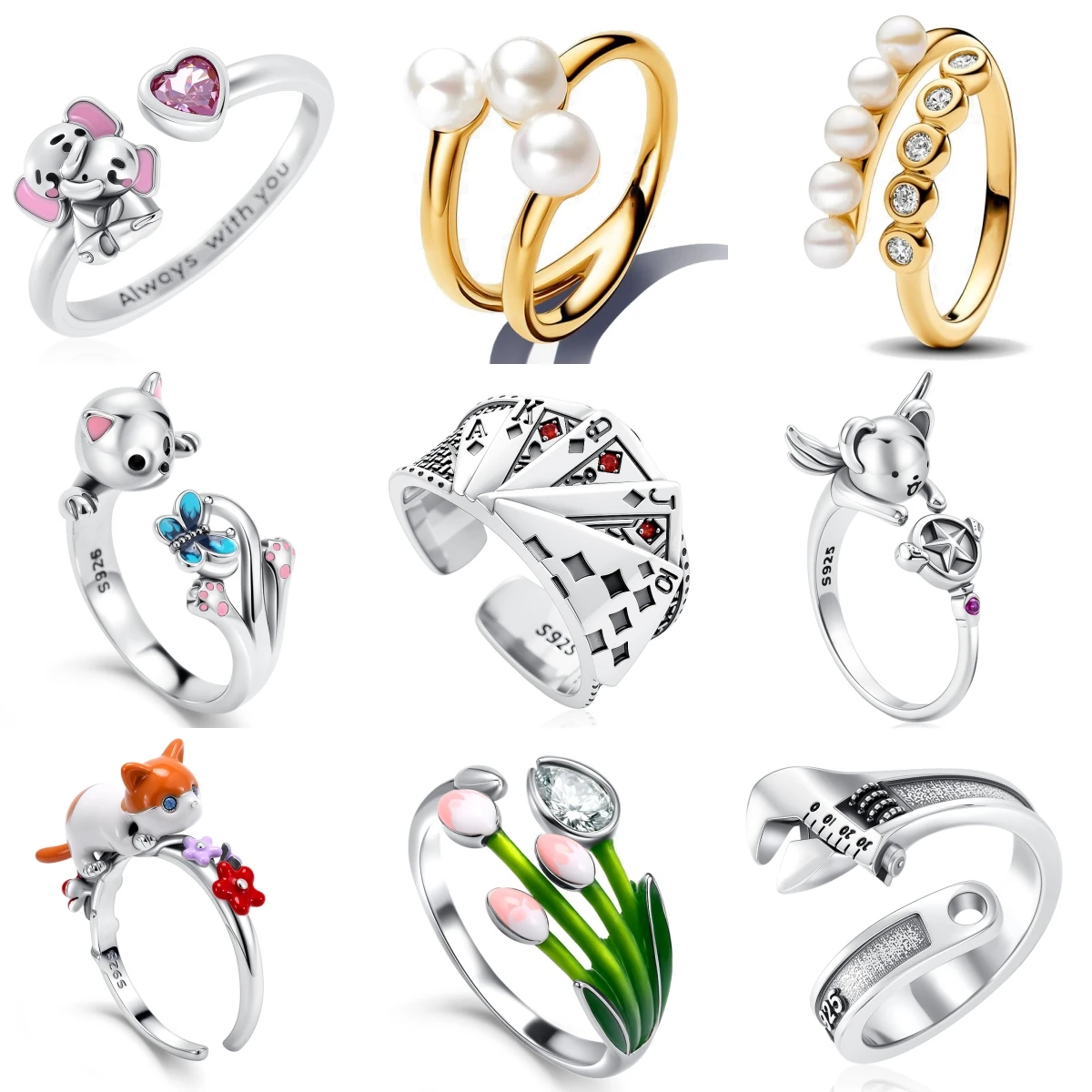 

925 Sterling Silver MINISO kitty Pearl Playing Cards Size 6 7 8 Flower Ring Rings Fashion Fine Jewelry For Women