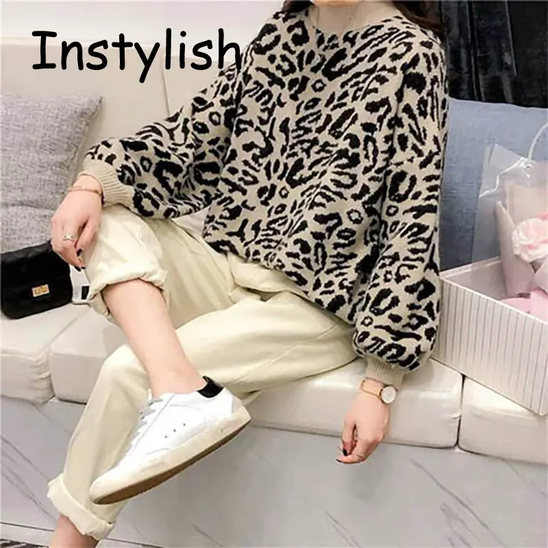 Zimowy gruby ciepły golf sweter kobiet wzór w cętki luźny sweter Vintage Harajuku dzianinowy Top Streetwear sweter typu Oversized